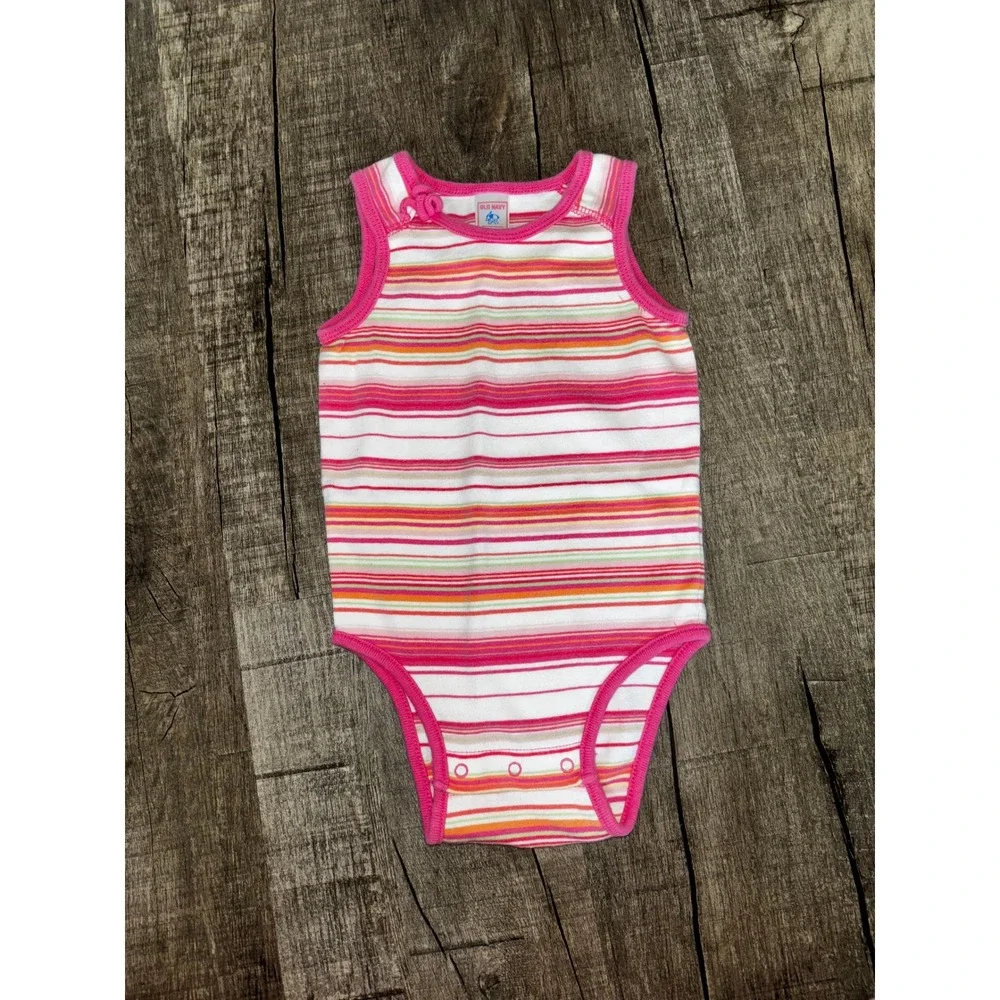 Vintage Y2K Old Navy‎ Baby Pink Orange Striped Sleeveless Bodysuit 18-24M 2005